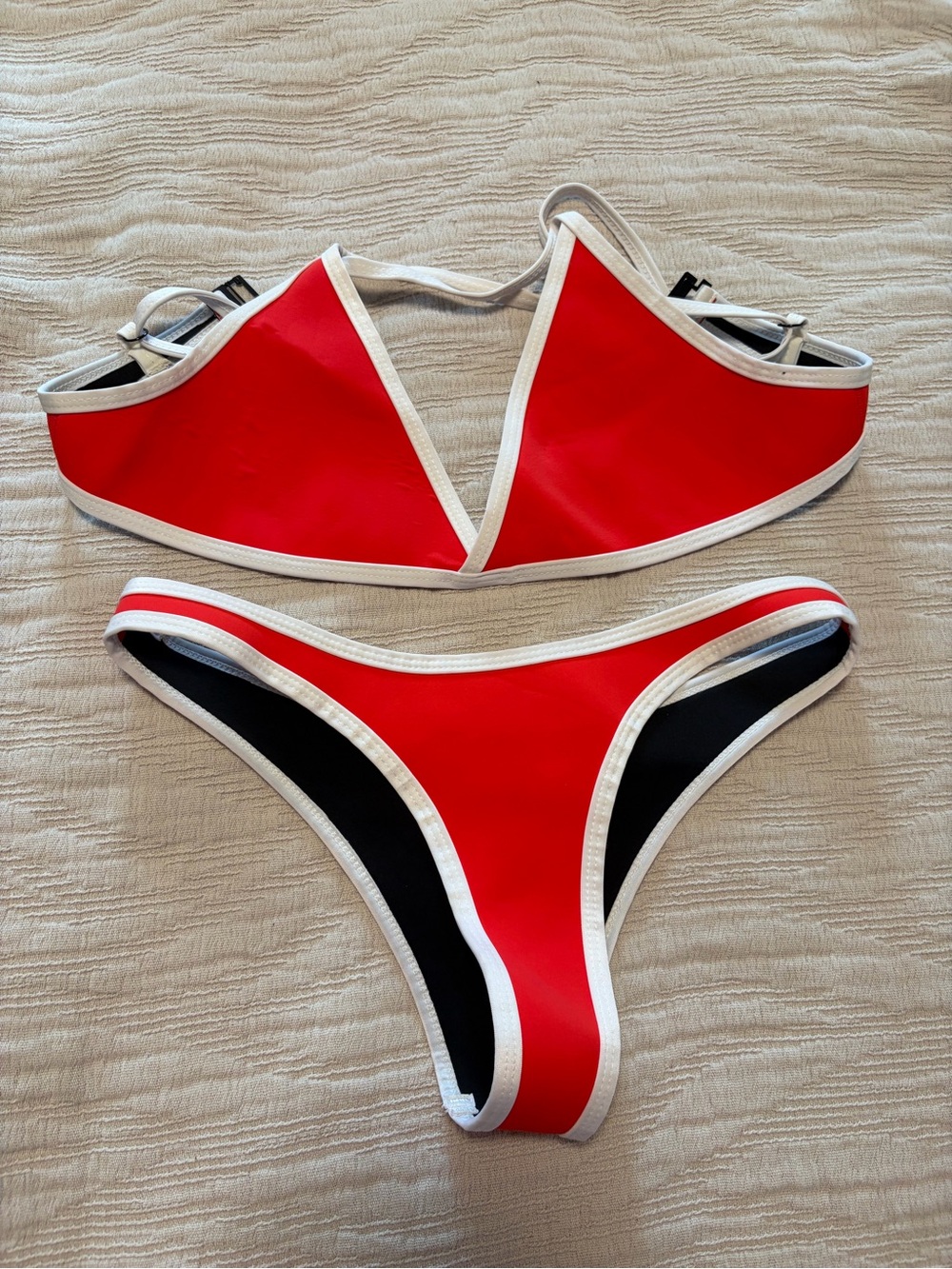 Red & Black Contrast Trim Bikini Set - Women Swim